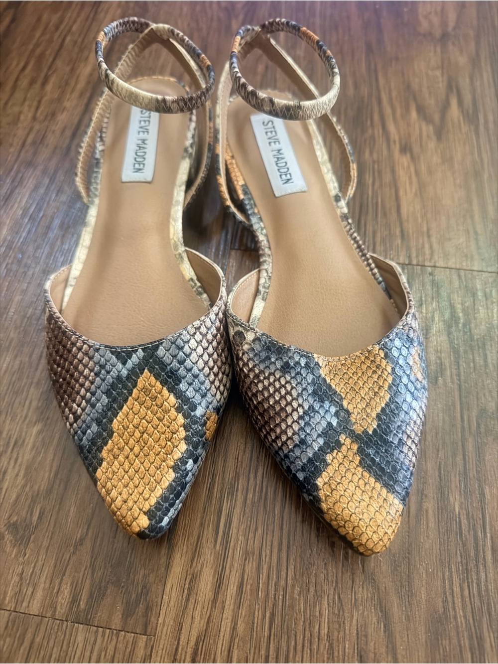 Steve Madden Yellow and Black Snake-Print Pointed Ankle-Strap Flats